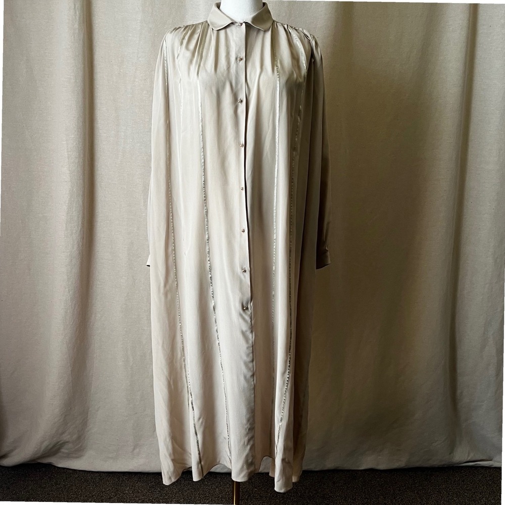 Vintage I. Magnin Silk Dress Italy Beige Oversized Tie Waist Size L - Picture 3 of 10